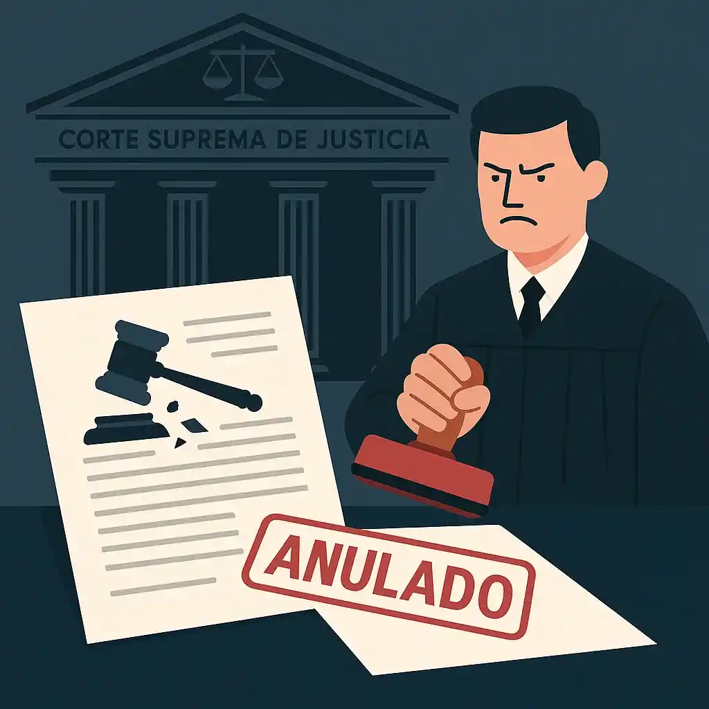 Ilustración que representa la decisión de la Corte Suprema de Justicia de Colombia de anular un fallo del Tribunal Superior de Sincelejo por citar jurisprudencia inexistente, reafirmando el deber de motivación judicial.