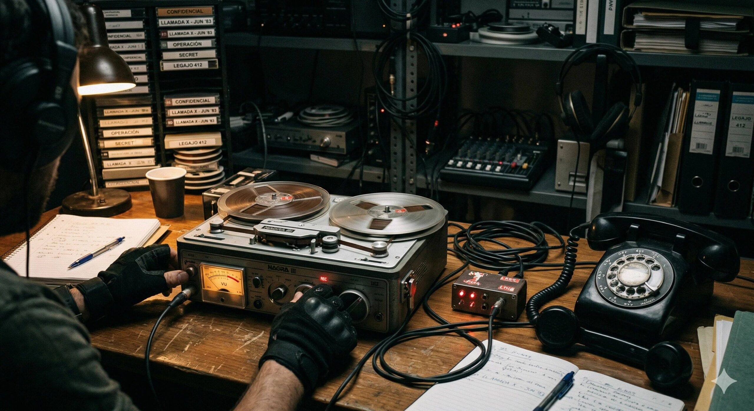 Grabadora de cinta de carrete y teléfono de disco sobre una mesa de vigilancia, con cintas etiquetadas como confidencial y legajo 412, representando la intervención de comunicaciones en causas penales bajo secreto de sumario