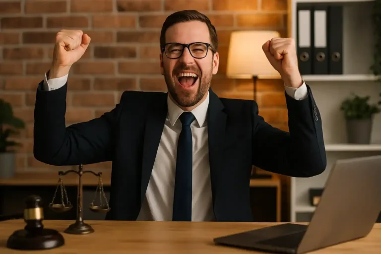 Abogado celebrando una sentencia sobre contrato realidad de defensor público contra la Defensoría del Pueblo