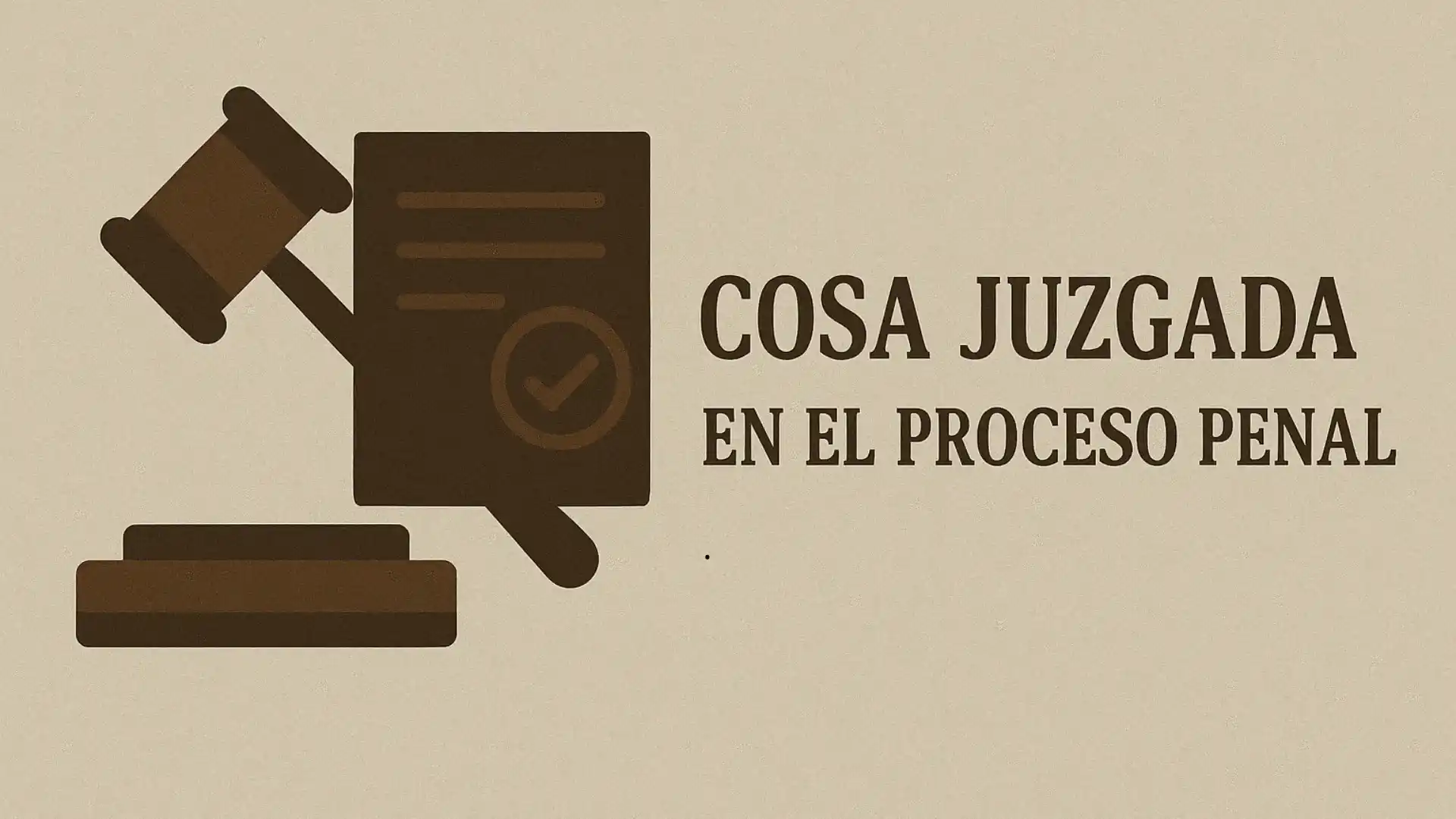 Ilustración con una balanza de justicia, un martillo judicial y un libro con el texto “Res Judicata”, que representa la cosa juzgada y el principio non bis in idem como garantías del debido proceso penal.