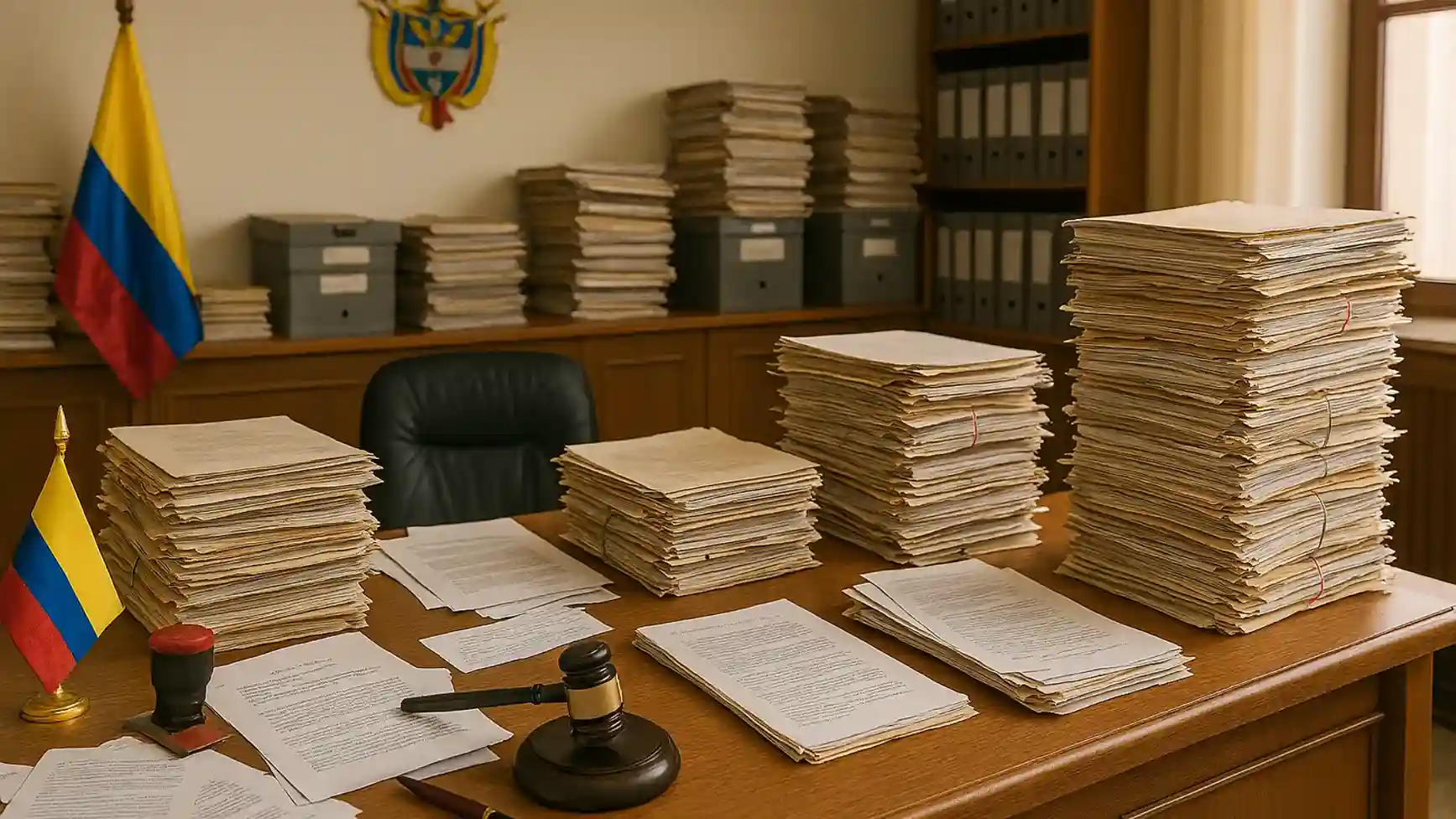 Fotografía de un despacho judicial lleno de expedientes y documentos, que simboliza la mora procesal y el análisis sobre la responsabilidad disciplinaria de los jueces por retardo injustificado.