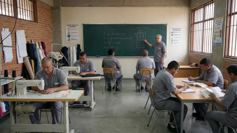 Reclusos en un salón de clases en Colombia estudiando y enseñando, representando el fallo de la Corte Suprema sobre la unificación de beneficios de redención de penas.