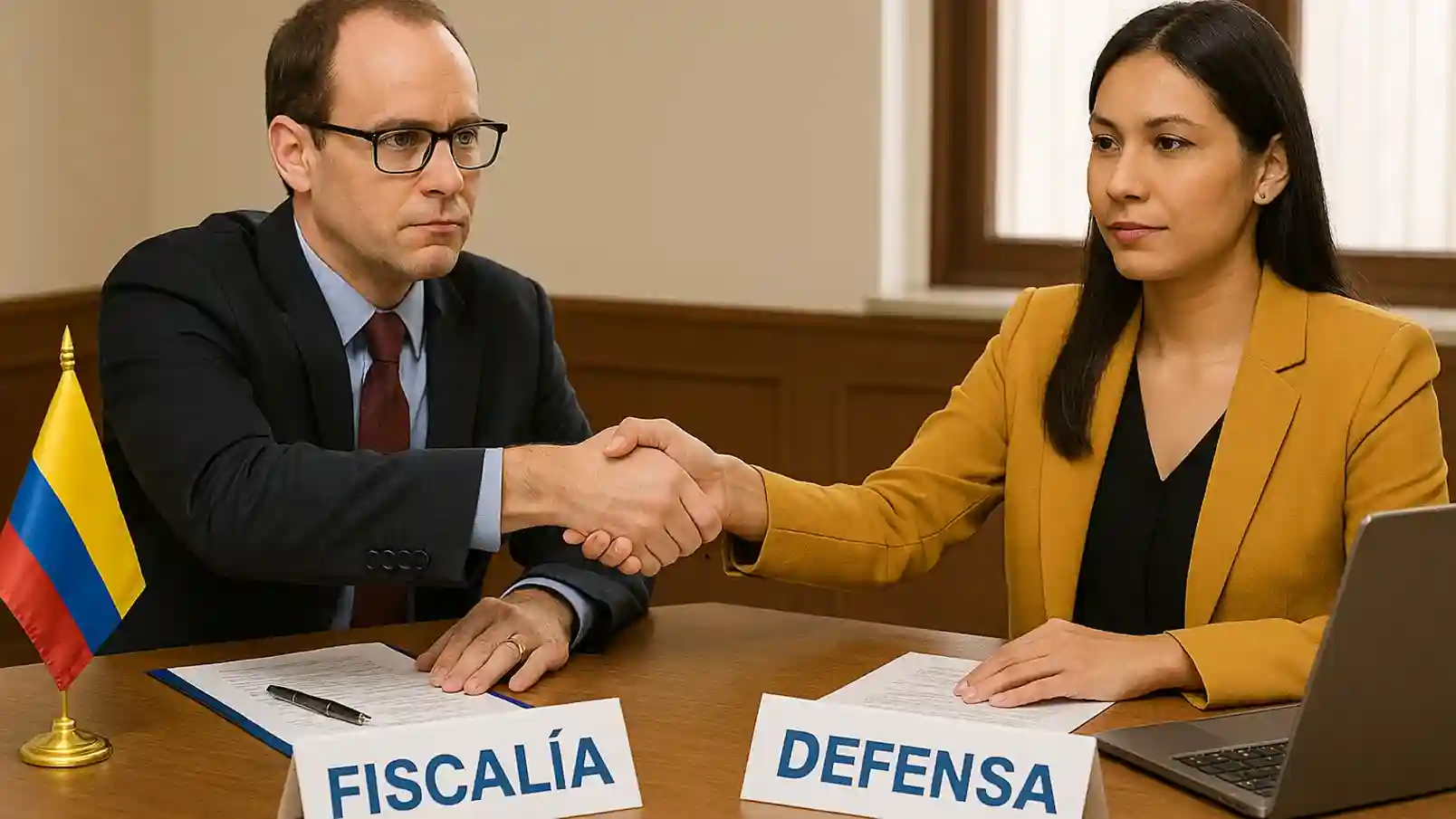 Ilustración conceptual sobre los preacuerdos en el proceso penal colombiano, que representan la negociación entre la Fiscalía y el procesado para reducir la pena.