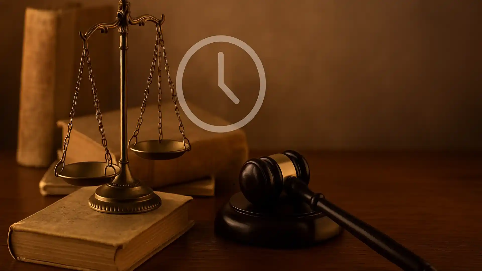 Imagen simbólica que muestra una balanza de justicia junto a un reloj de arena y un calendario, representando el paso del tiempo y la aplicación de la ley penal.