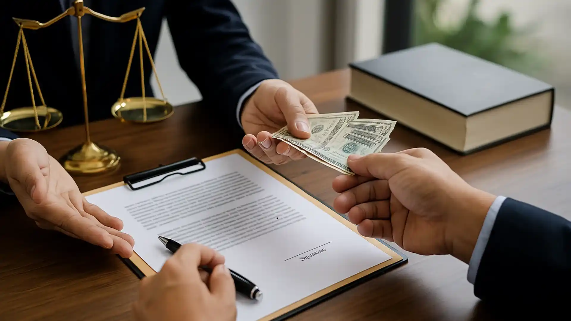Imagen que muestra a dos abogados en una oficina, uno recibiendo documentos mientras el otro observa con desconfianza, simbolizando la falta de lealtad profesional por aceptar un poder sin paz y salvo.