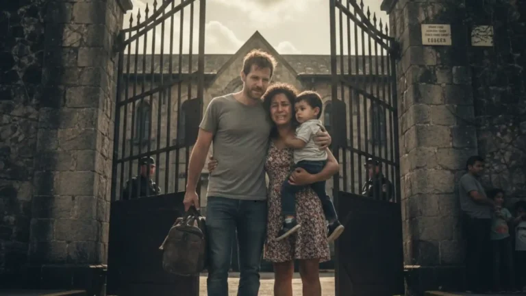 Hombre abrazando a su familia frente a una prisión tras ser absuelto por la Corte Suprema de Justicia en el caso Melovides.