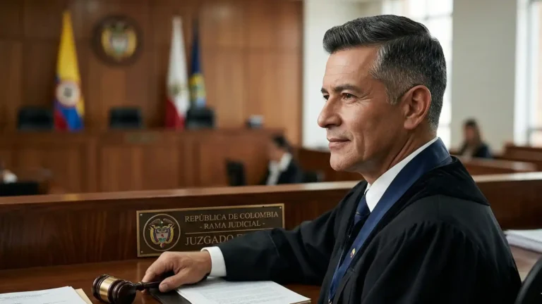 Juez colombiano en sala de audiencia analizando la providencia sobre preclusión y estándares de conocimiento del Tribunal Superior de Buga.