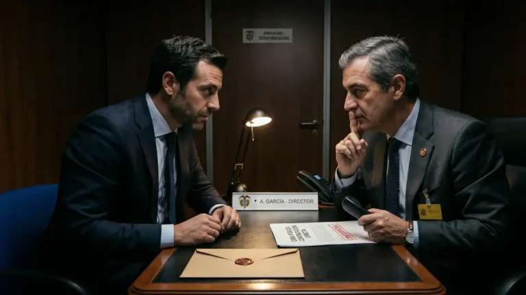 Representación visual del delito de tráfico de influencias de servidor público en Colombia: dos hombres en una reunión privada y confidencial dentro de un despacho oficial, sugiriendo el uso indebido del cargo para obtener beneficios ilícitos según el artículo 411 del Código Penal.
