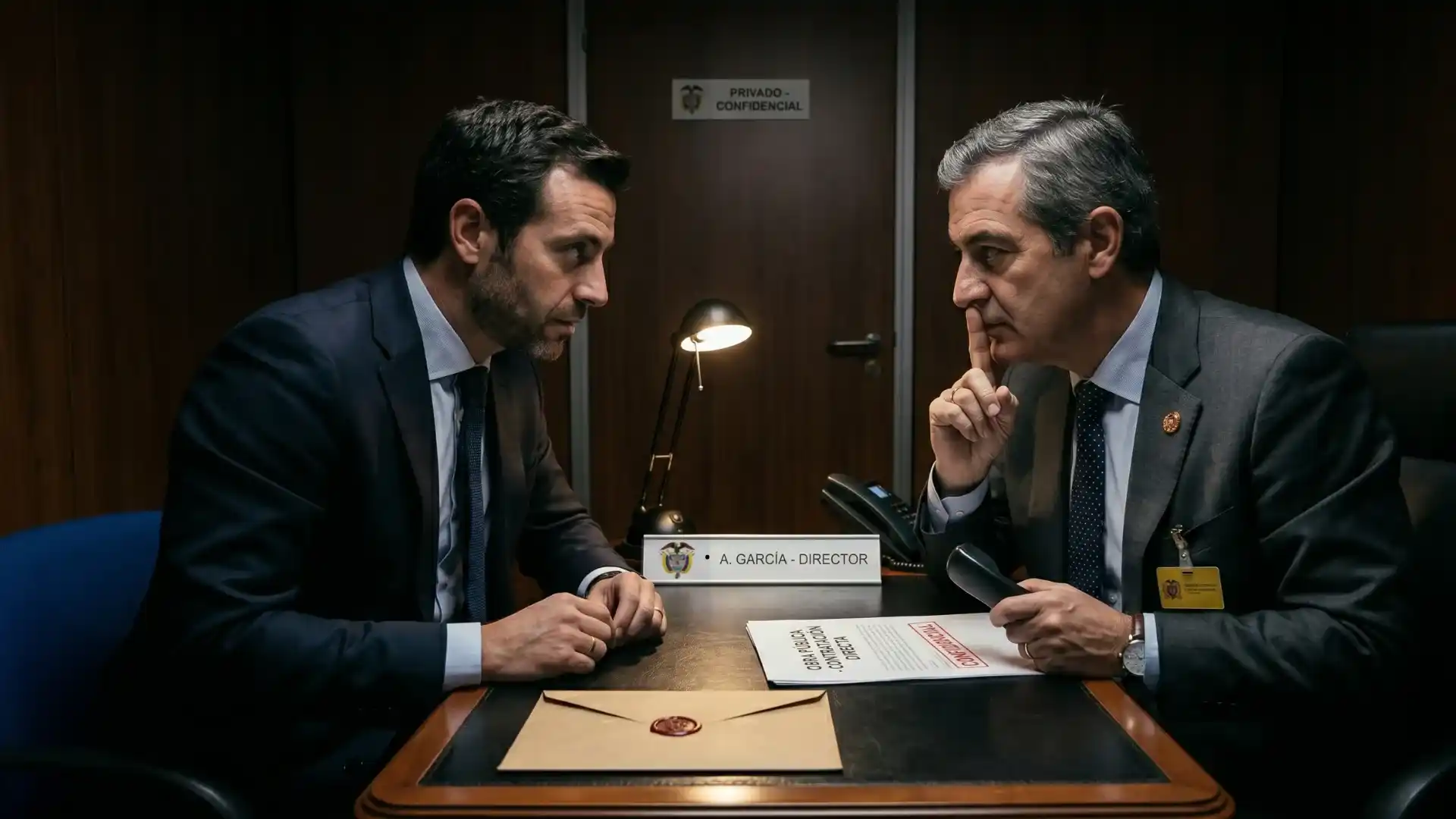 Representación visual del delito de tráfico de influencias de servidor público en Colombia: dos hombres en una reunión privada y confidencial dentro de un despacho oficial, sugiriendo el uso indebido del cargo para obtener beneficios ilícitos según el artículo 411 del Código Penal.