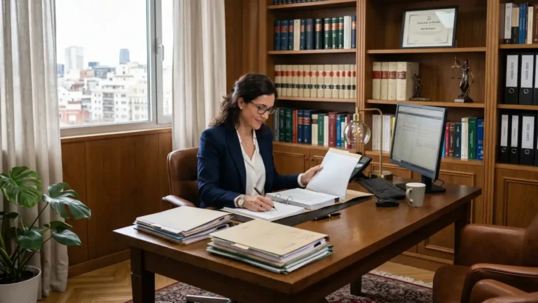 Abogada penalista en su despacho revisando expedientes sobre las clases de defensa técnica en el proceso penal colombiano.