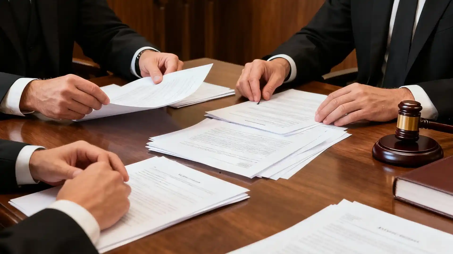 Abogados en sala de audiencias con documentos legales simbolizando paz y salvo