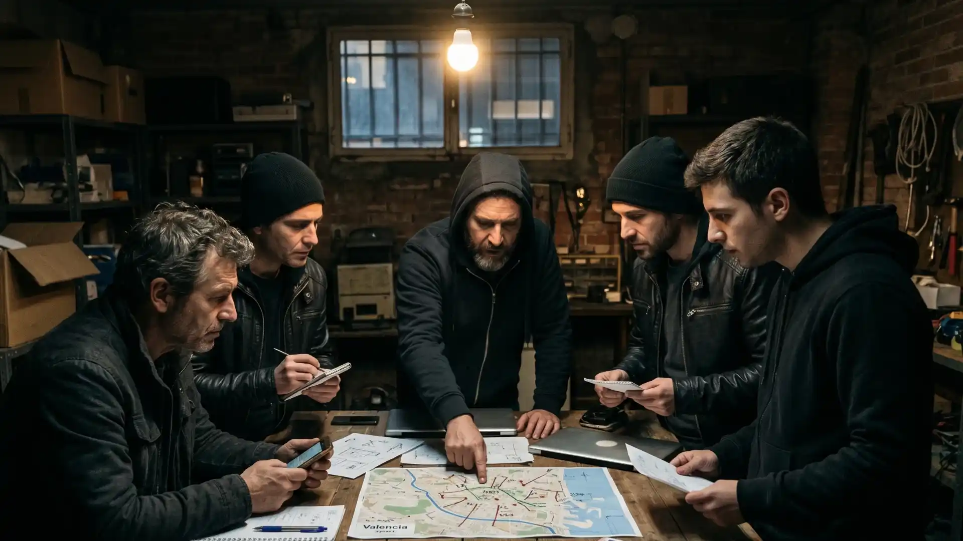 Imagen conceptual que ilustra una reunión secreta de una organización criminal para planificar un delito, representando el delito de 'concierto para delinquir'