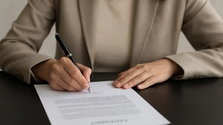 Persona firmando un documento relacionado con un caso de fraude procesal por simular una deuda de alimentos para impedir un embargo hipotecario.