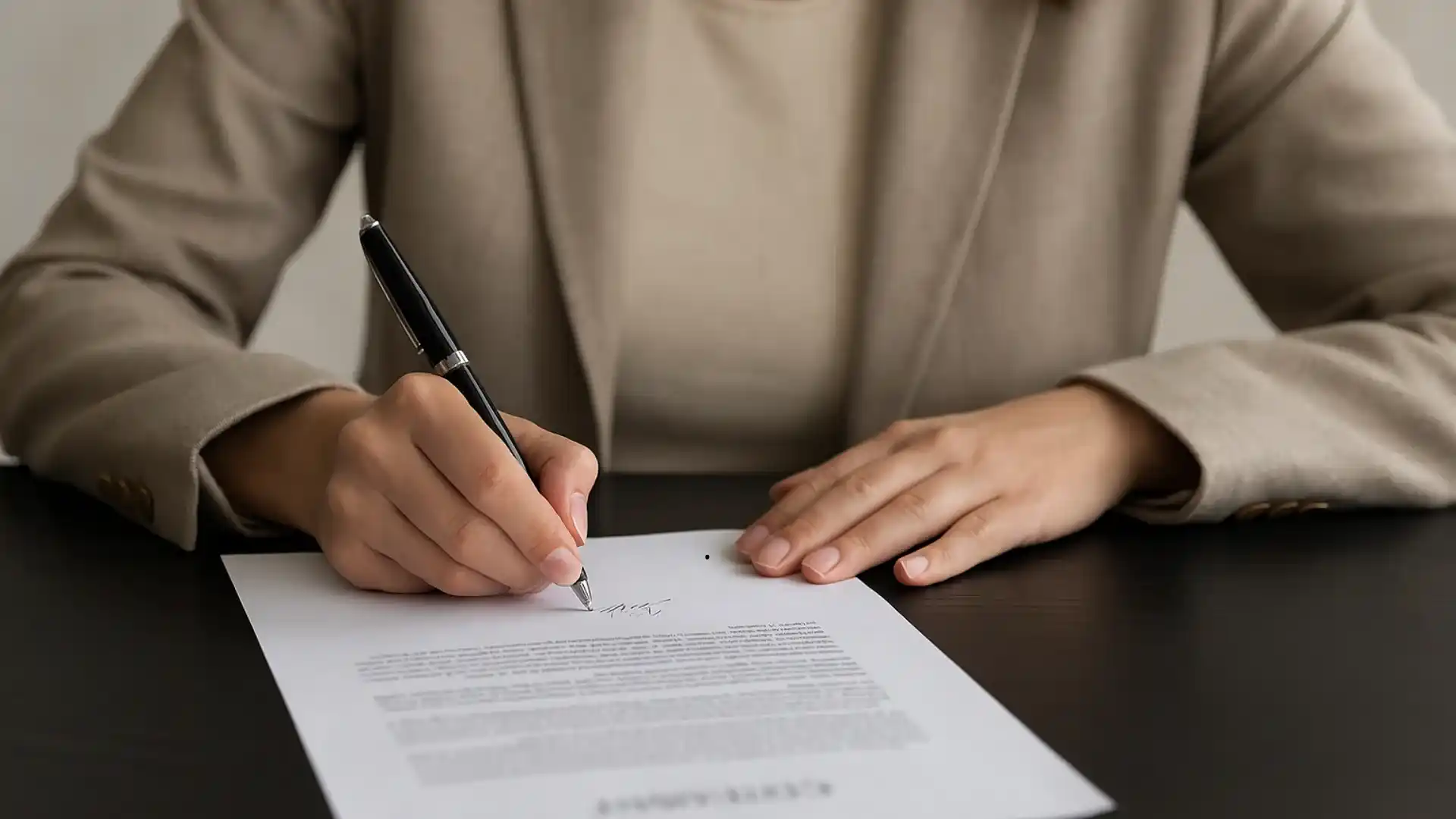 Persona firmando un documento relacionado con un caso de fraude procesal por simular una deuda de alimentos para impedir un embargo hipotecario.