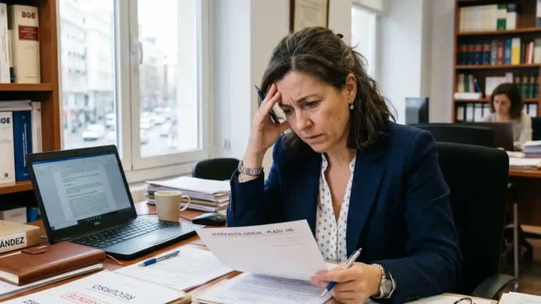 Abogada preocupada revisa una notificación judicial con plazo de 24 horas en su despacho rodeada de expedientes urgentes.