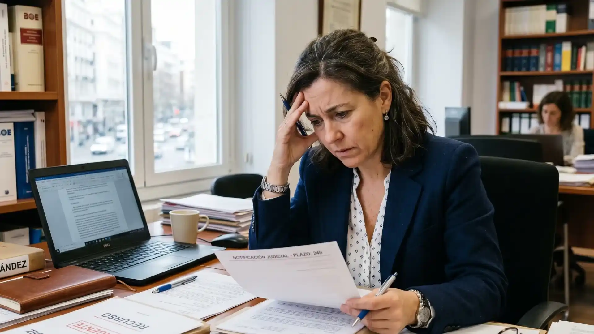 Abogada preocupada revisa una notificación judicial con plazo de 24 horas en su despacho rodeada de expedientes urgentes.