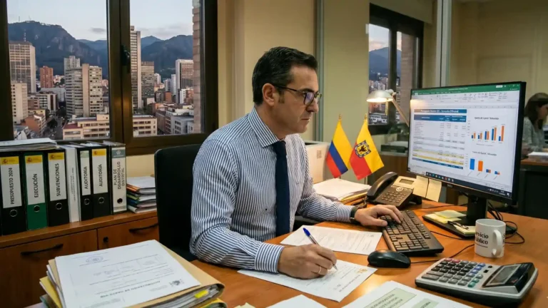 Servidor público en Colombia revisando documentos de presupuesto en su oficina. Imagen ilustrativa sobre el fallo de la Corte Suprema de Justicia que exime de inhabilidad perpetua al peculado culposo.