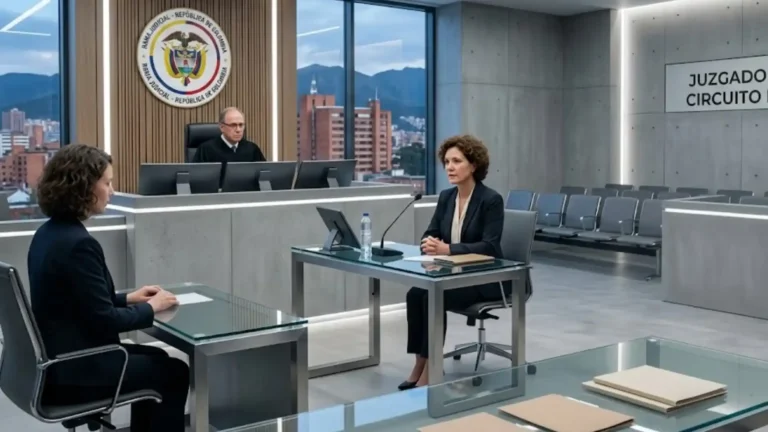 Testigo declarando en una sala de audiencias del Juzgado Penal del Circuito de Bogotá, ilustrando la valoración de la fiabilidad del testimonio en Colombia.