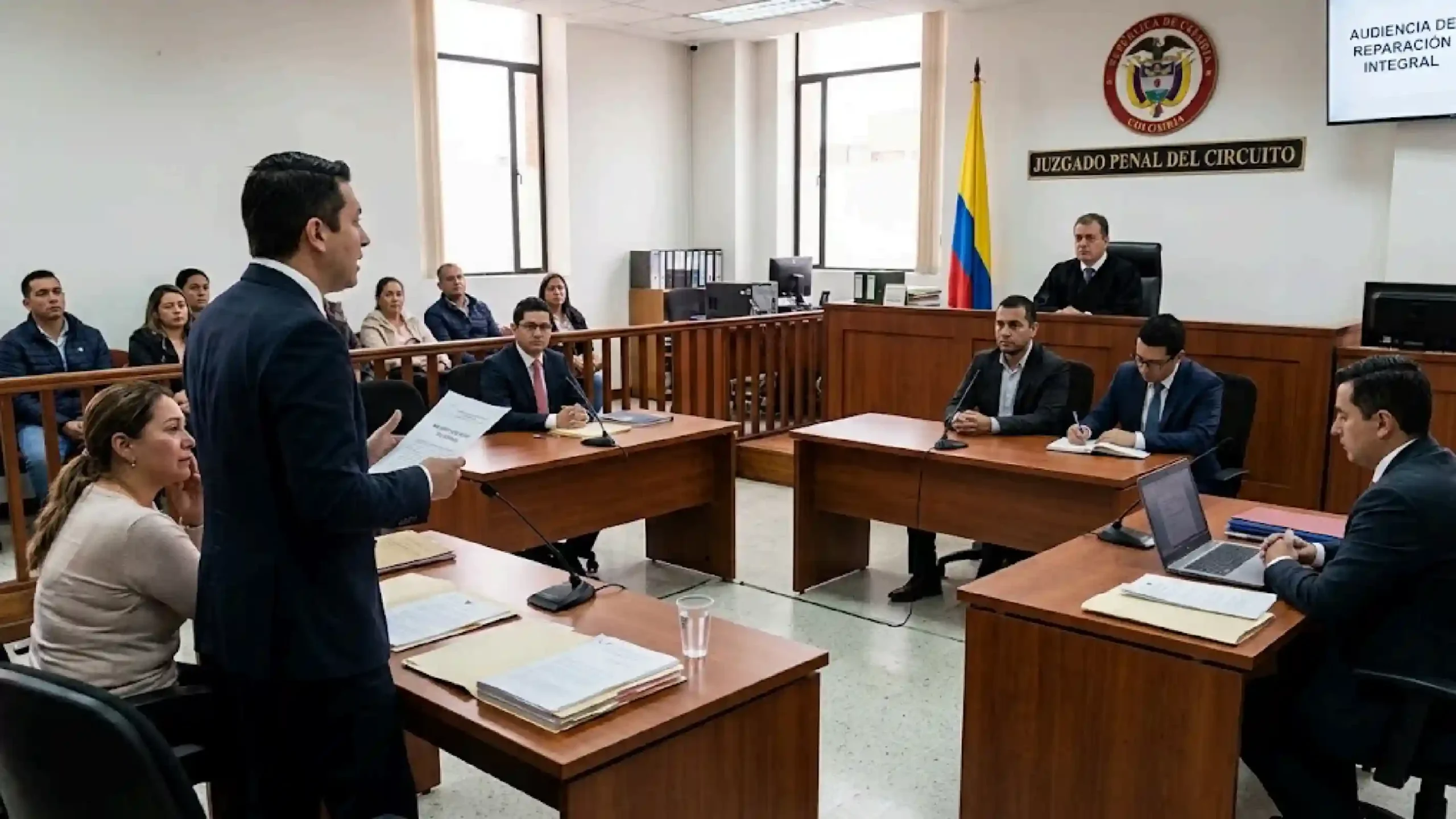 Audiencia judicial de reparación integral en juzgado penal para extinción de la acción penal bajo la Ley 2477 de 2025 en Colombia.