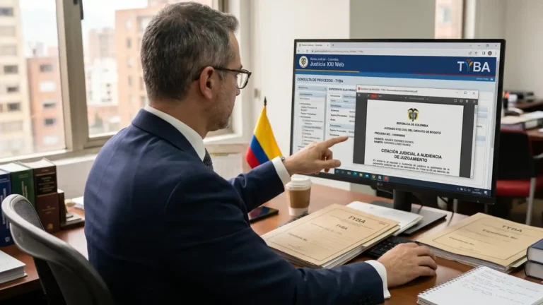Un abogado con gafas y traje, sentado en una oficina en Bogotá, señala la pantalla de su monitor. El monitor muestra la interfaz de "Justicia XXI Web - TYBA" con un documento PDF abierto titulado 'Citación Judicial a Audiencia de Juzgamiento' del 'Juzgado 31 Civil del Circuito de Bogotá'. El abogado consulta los detalles de una audiencia para prevenir sanciones por inasistencia. En su escritorio hay carpetas con el logo TYBA, libros de derecho y una bandera de Colombia