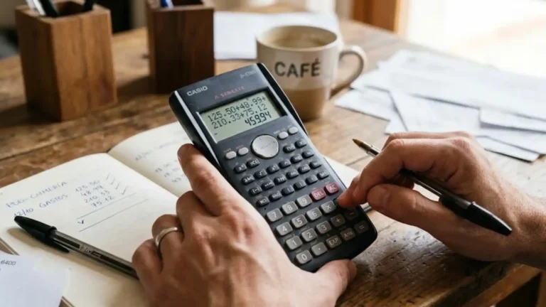 Manos usando una calculadora sobre notas de gastos para verificar la cuantía e interés económico en casación legal.