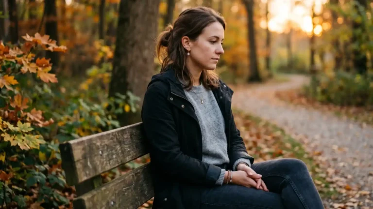 Una mujer joven sentada en un banco de madera en un parque de otoño durante el atardecer, mirando hacia abajo con una expresión de pánico y soledad. Esta imagen ilustra el estado de shock y la falta de 'resistencia heroica' que la Corte Suprema de Justicia de Colombia determinó que no desvirtúa el testimonio de una víctima de agresión sexual.