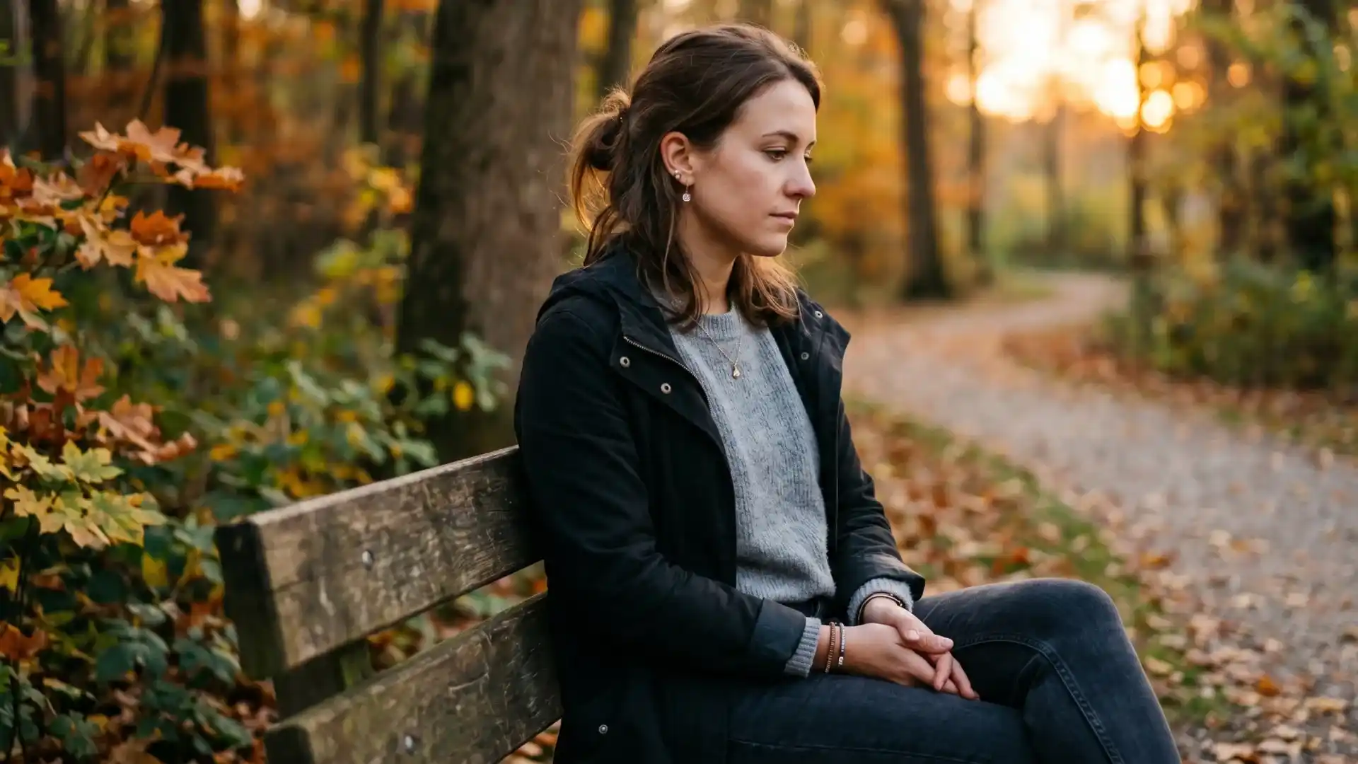 Una mujer joven sentada en un banco de madera en un parque de otoño durante el atardecer, mirando hacia abajo con una expresión de pánico y soledad. Esta imagen ilustra el estado de shock y la falta de 'resistencia heroica' que la Corte Suprema de Justicia de Colombia determinó que no desvirtúa el testimonio de una víctima de agresión sexual.