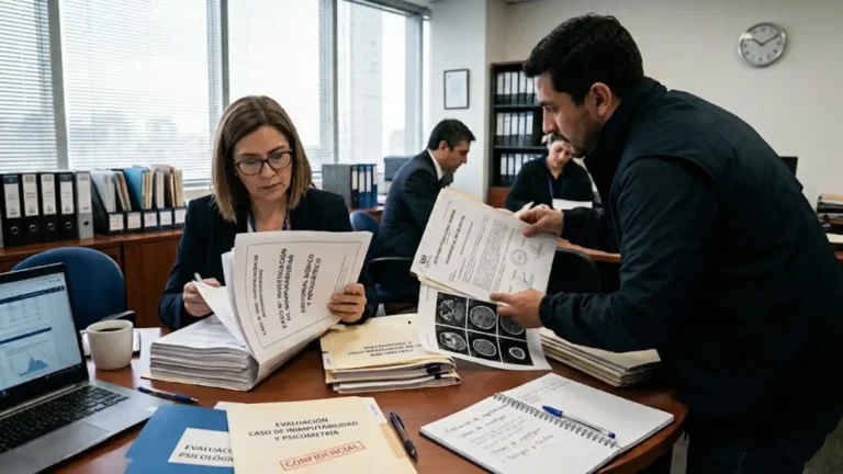 Reunión de investigadores judiciales y expertos analizando carpetas con expedientes médicos, dictámenes psiquiátricos, radiografías de cerebro y pruebas de salud mental de un caso de inimputabilidad.
