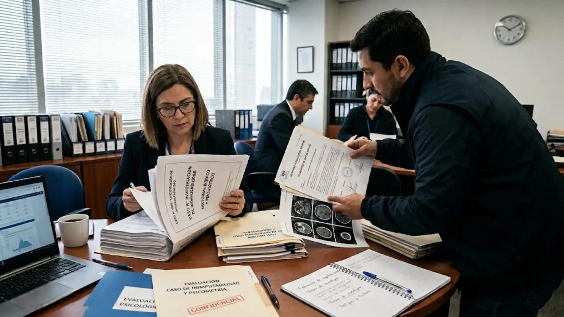 Reunión de investigadores judiciales y expertos analizando carpetas con expedientes médicos, dictámenes psiquiátricos, radiografías de cerebro y pruebas de salud mental de un caso de inimputabilidad.