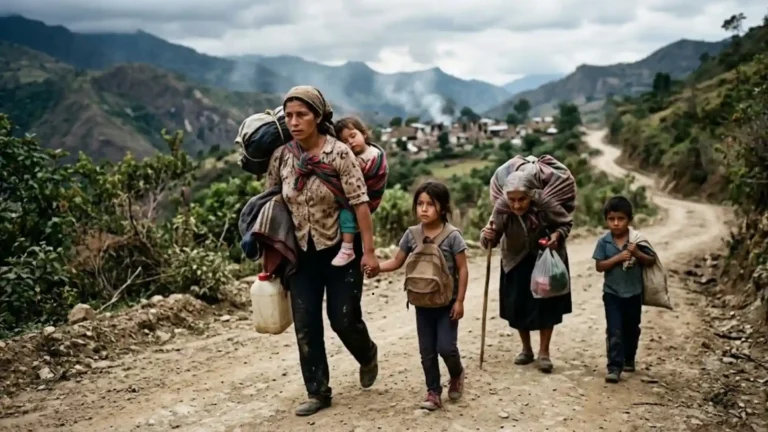 Familia caminando por un sendero rural de tierra con sus pertenencias a cuestas, ilustrando a las víctimas del delito de desplazamiento forzado en Colombia.