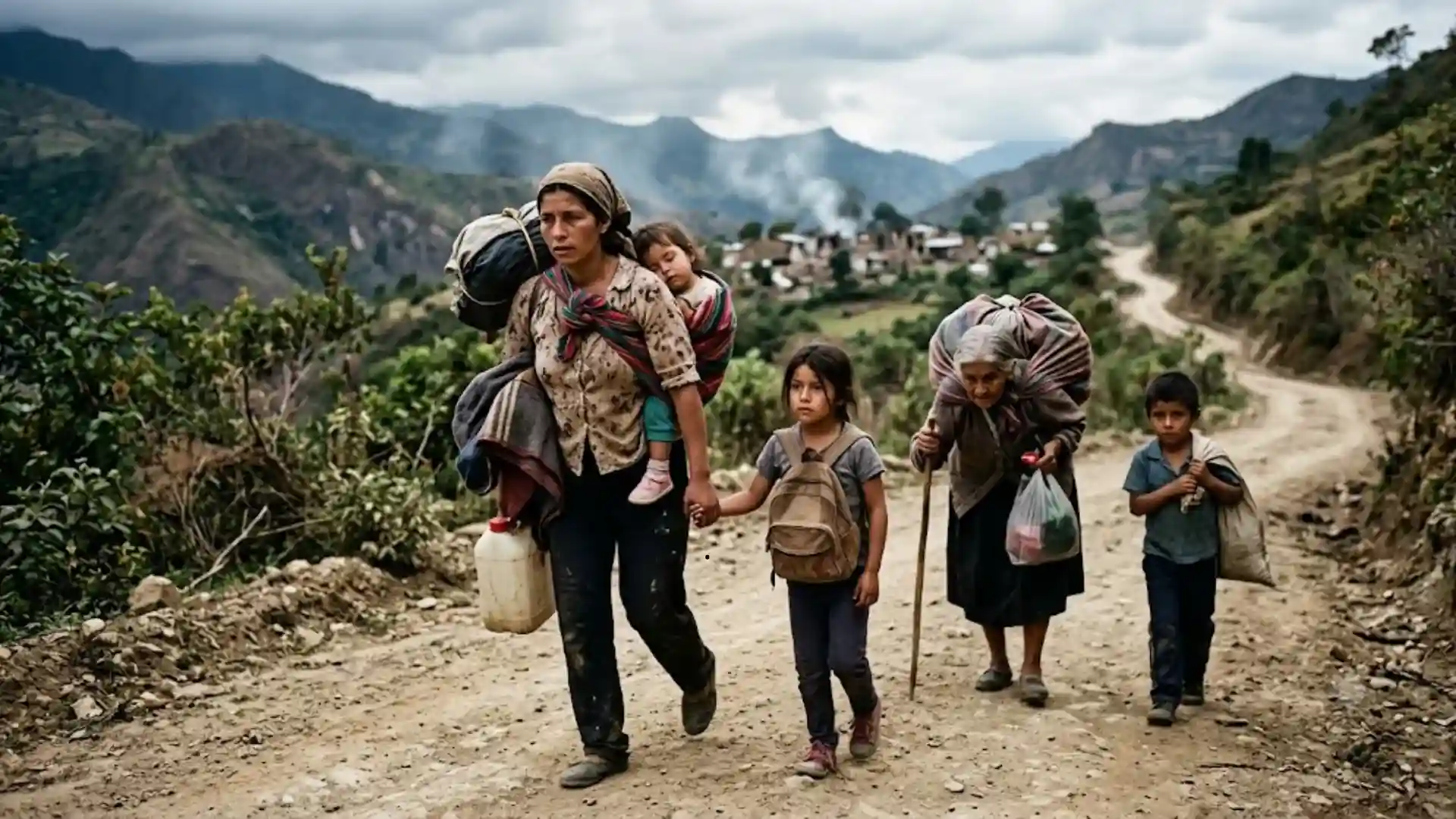 Familia caminando por un sendero rural de tierra con sus pertenencias a cuestas, ilustrando a las víctimas del delito de desplazamiento forzado en Colombia.