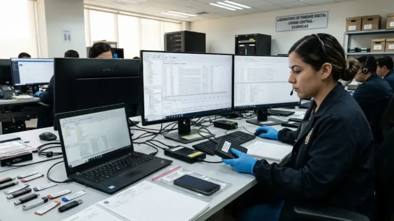 Perito forense en laboratorio analizando un disco duro con guantes de protección junto a memorias USB y planillas de cadena de custodia para un proceso penal.