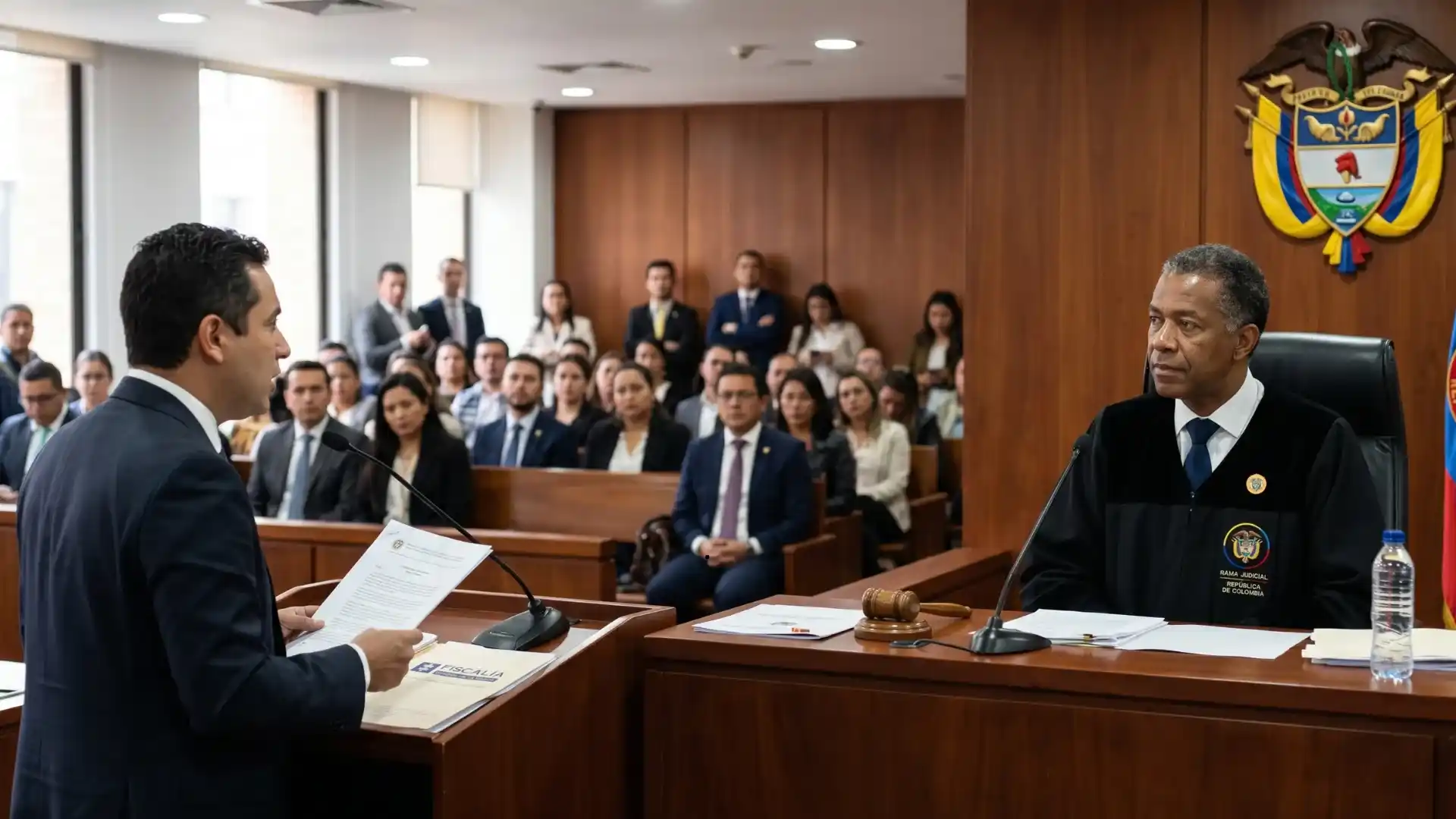 Juez colombiano en sala de audiencias dictando sentencia, referente a la decisión de la Corte Suprema sobre falsedad ideológica y lugar de expedición.