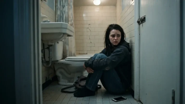 Mujer sentada en el suelo de un baño cerrado mostrando preocupación y angustia junto a un celular, ilustrando el concepto de víctima de faltas disciplinarias a puerta cerrada y acoso laboral.