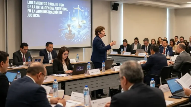 Conferencia profesional sobre los lineamientos éticos para el uso de la inteligencia artificial en la administración de justicia, con una pantalla de proyección y un auditorio de jueces y abogados.