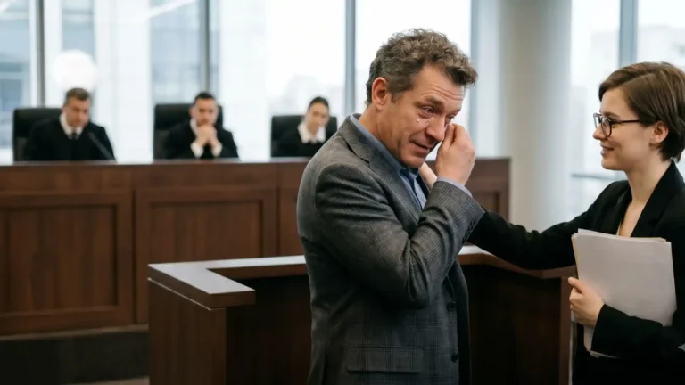 Hombre procesado se muestra conmovido junto a su abogada en un tribunal de Colombia tras decretarse la nulidad por no resolver la apelación del acusado.