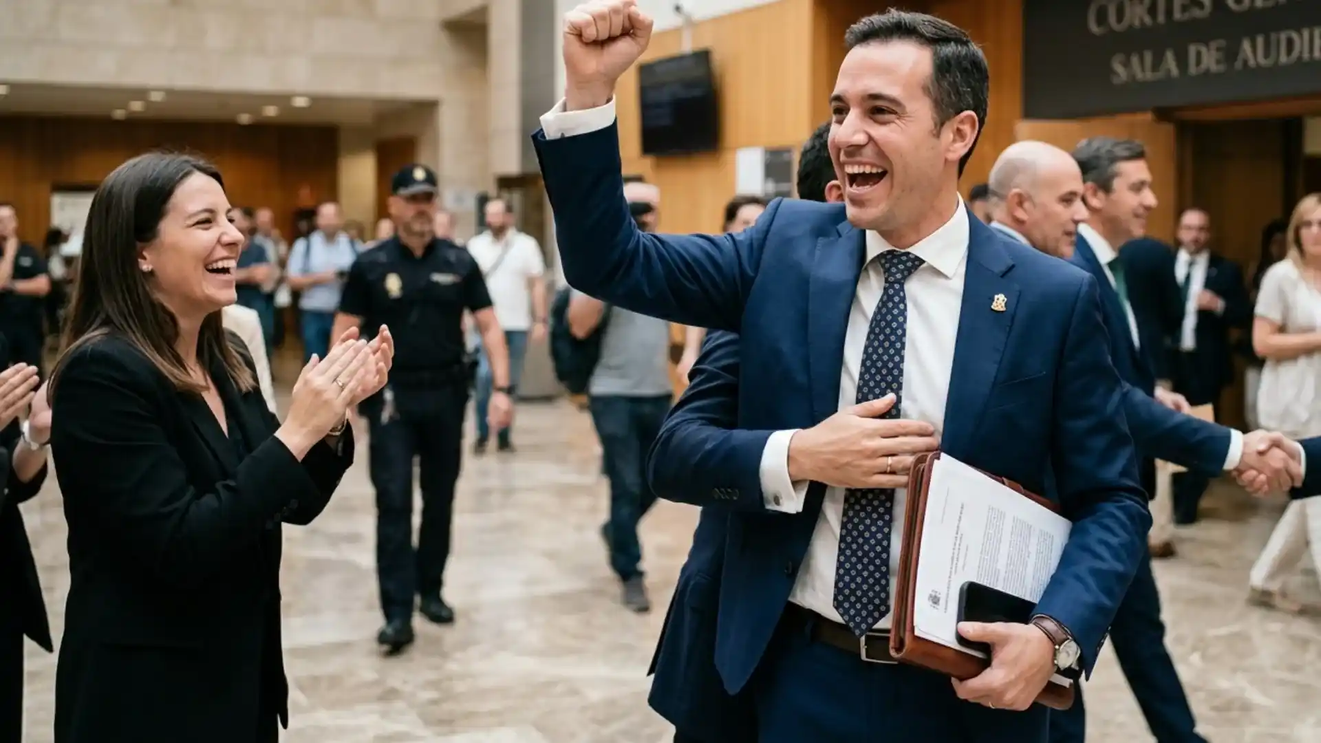 Abogado celebrando con su equipo tras conocer el fallo de la Corte Suprema sobre la rehabilitación de abogados excluidos en Colombia.