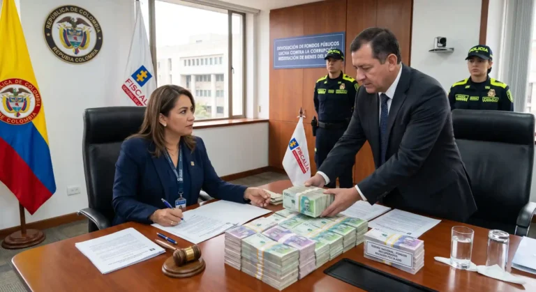 Hombre entregando fajos de billetes a una funcionaria en una oficina con logos de la Fiscalía y la bandera de Colombia, ilustrando la devolución de fondos públicos.