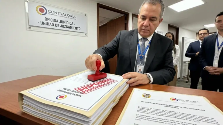 Un mazo de justicia golpea un escritorio junto a un documento oficial de la Resolución Organizacional OGZ-0797 de la Contraloría General de la República de Colombia. El documento tiene un gran sello rojo en diagonal que dice 'SUSPENDIDO PROVISIONALMENTE | CONSEJO DE ESTADO' y un subrayado en rojo sobre las palabras 'JUZGAMIENTO EN PRIMERA INSTANCIA: Oficina Jurídica'. La imagen ilustra la decisión judicial que suspende la competencia disciplinaria de la Oficina Jurídica.